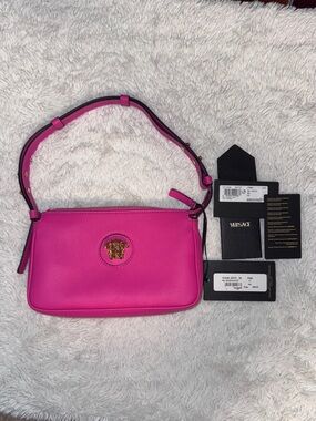Versace Hot Pink Leather Shoulder Bag with Gold Medusa